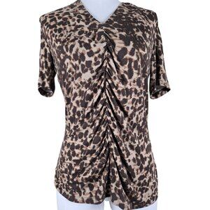 Lafayette 148 New York Ruched Front V-Neck Top Small, Animal Print